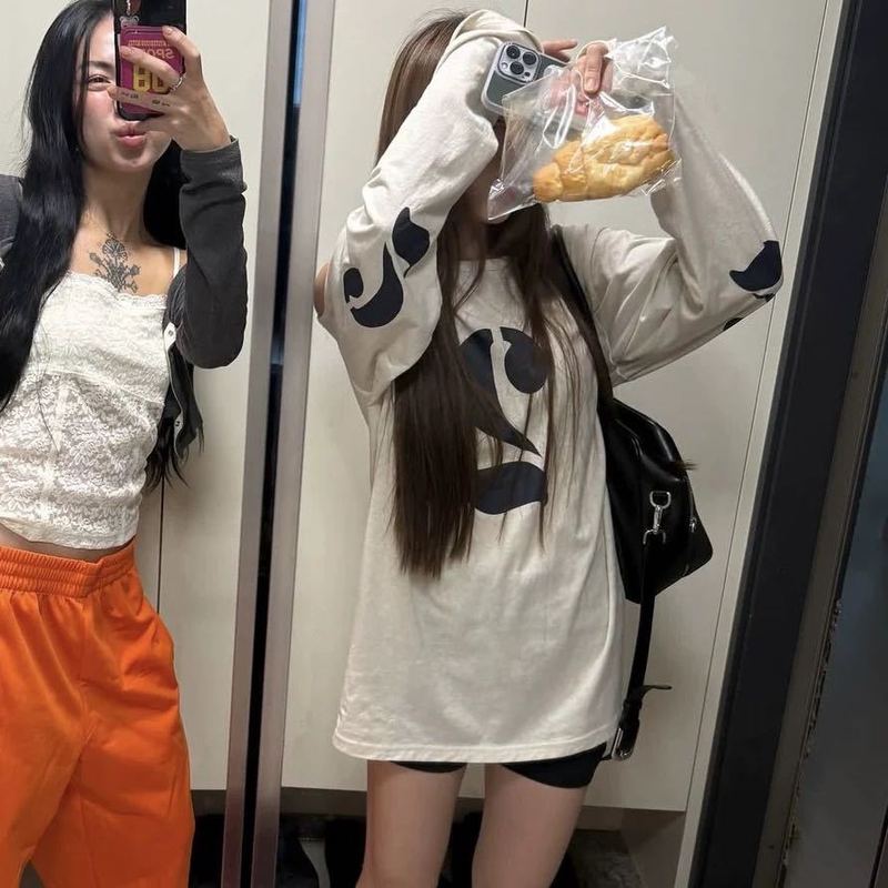 现货韩国小众设计师25新款不对称露肩宽松长袖套头上衣女|undefined
