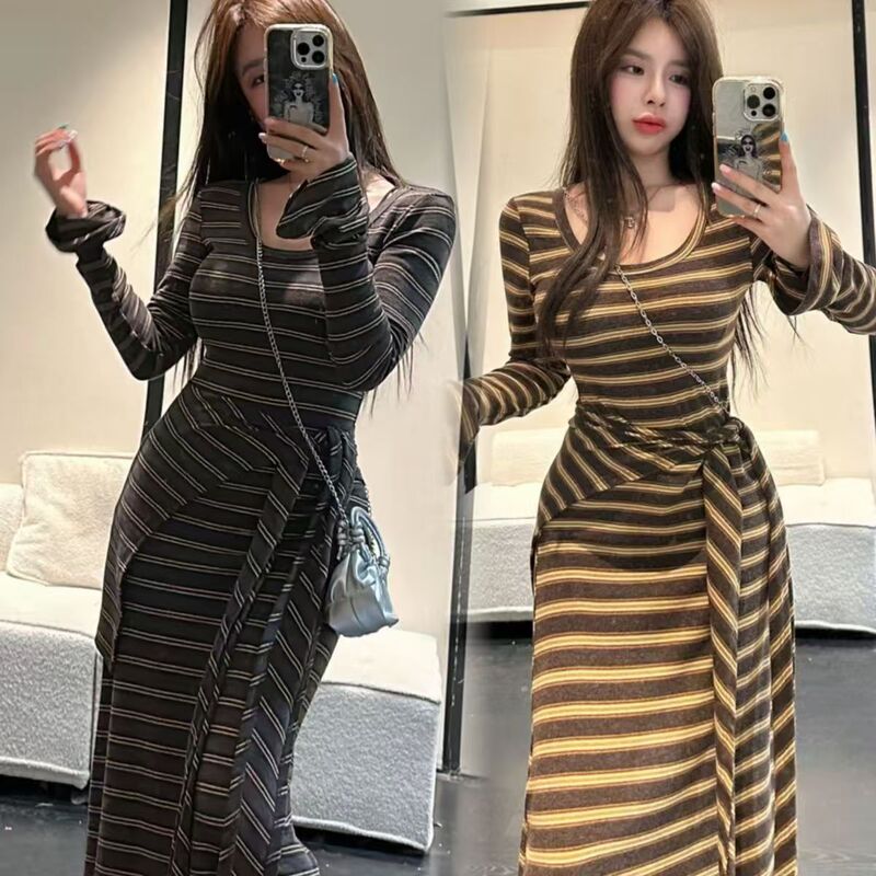 2025 New Autum Korean Style Slim Fit Stripesd Long-Sleeved Dress Women's Hip-Covering T-Shirt Long Skirt Fashionable