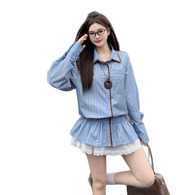 韩系气质休闲撞色条纹长袖衬衫polo女装2025秋季新款百搭收腰上衣|undefined