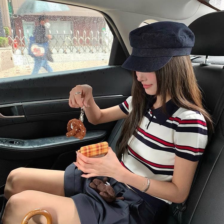 针织条纹polo衫短袖t恤女正肩翻领短款上衣修身显瘦|undefined