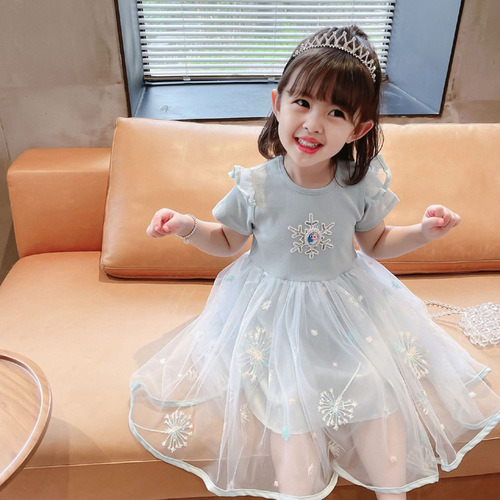 Little Girl Summer Dress Elsa Princess Style Children's 2024 New Fashion Trend Baby Net Dress