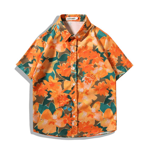 Hawaiian Flower Shirt Men's Short Sleeve Loose Plus Size Beach Shirt Set Couples Hong Kong Style Retro Trendy Cool Attire