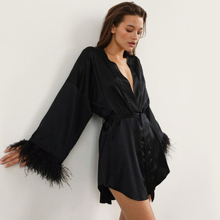 Spring and Summer 2024 Nightgown Ostrich Feather Long Sleeve Pajamas Cardigan European and American Silk Black Bathrobe Women's Home Clothes
