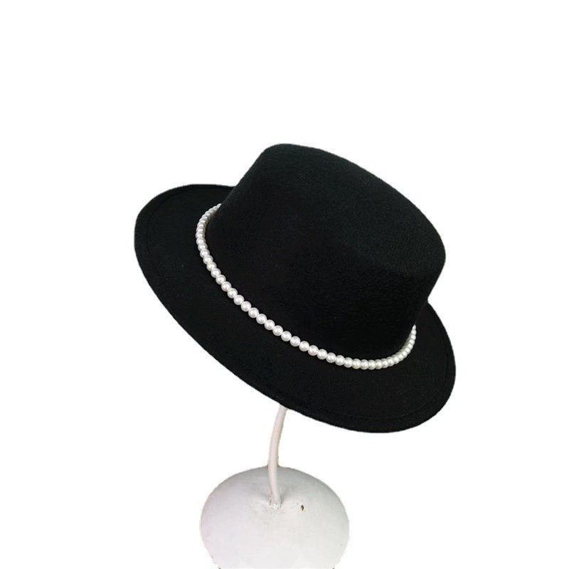 Sombrero para mujer AliExpress nueva cadena de perlas plana superior sombrero de lana elegante casual europeo y americano británico borde plano retro sombrero