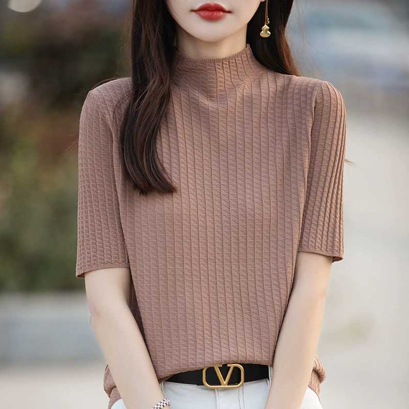 Трансграничные женские вафли из бисера с ледяной шелк с полужидным воротником с короткими рукавами женская футболка с пятью рукавами Летняя новая нижняя рубашка