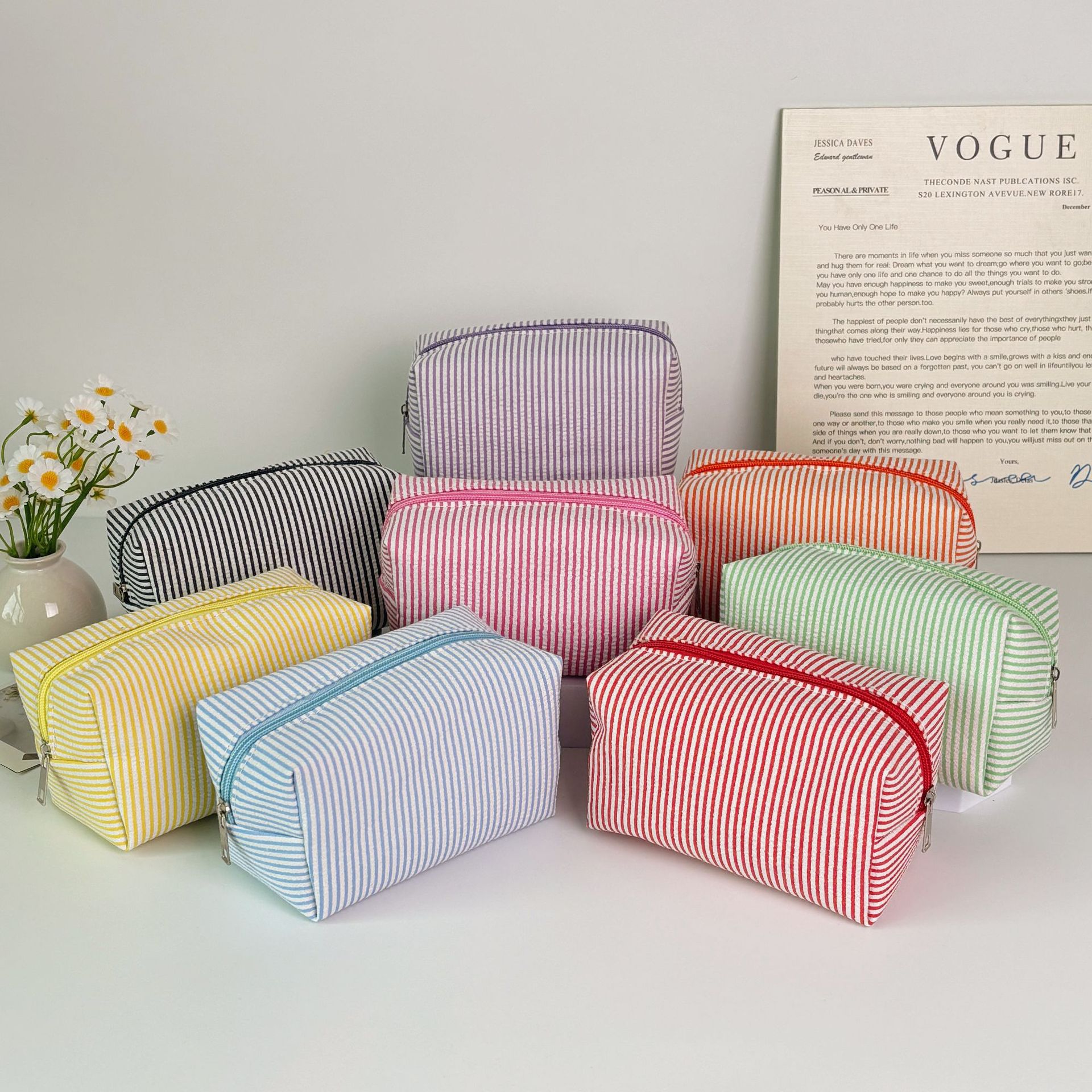 Striped Cosmetic Bag, Portable Makeup Storage Bag, Bubble Gauze Travel Toiletry Bag, Three-Dimensional Cosmetic Bag, Large Capacity