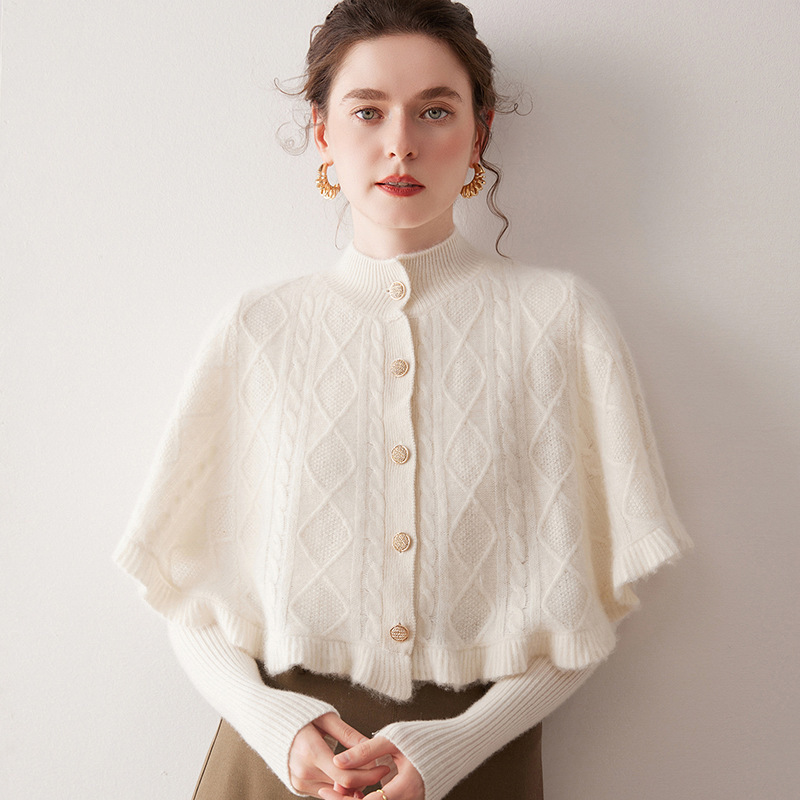 Autumn and Winter New Women's Pure Cashmere Sweater Thickeneded Half Turtleneck Rhombus Cable Shawl Top Sweater Knitwear Cardigan