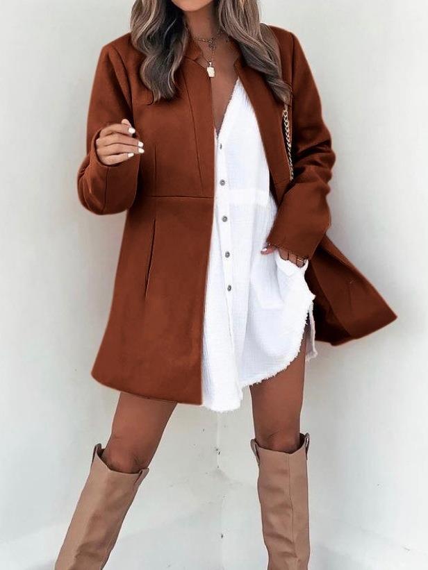 Women's Clothing 2024 Independent Station Supply Autumn and Winter Pure Color Slimming Long Sleeve Pocket Woolen Women's Coat_voghion.com