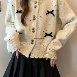 韩系chic彩点针织开衫女秋冬季宽松短款小香风蝴蝶结毛衣外套上衣