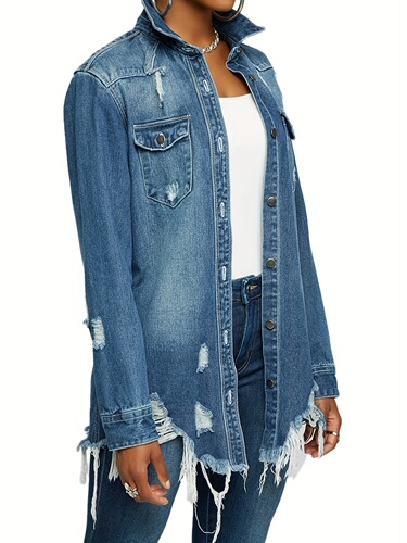 Women's Oversized Distressed Long Sleeve Denim Trucker