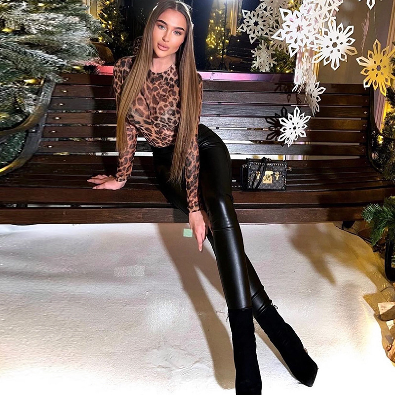 Amazon deseo mujeres europeas y americanas de cuello redondo manga larga sexy Leopard Print jumpsuit alta cintura Slim Hot Girl top