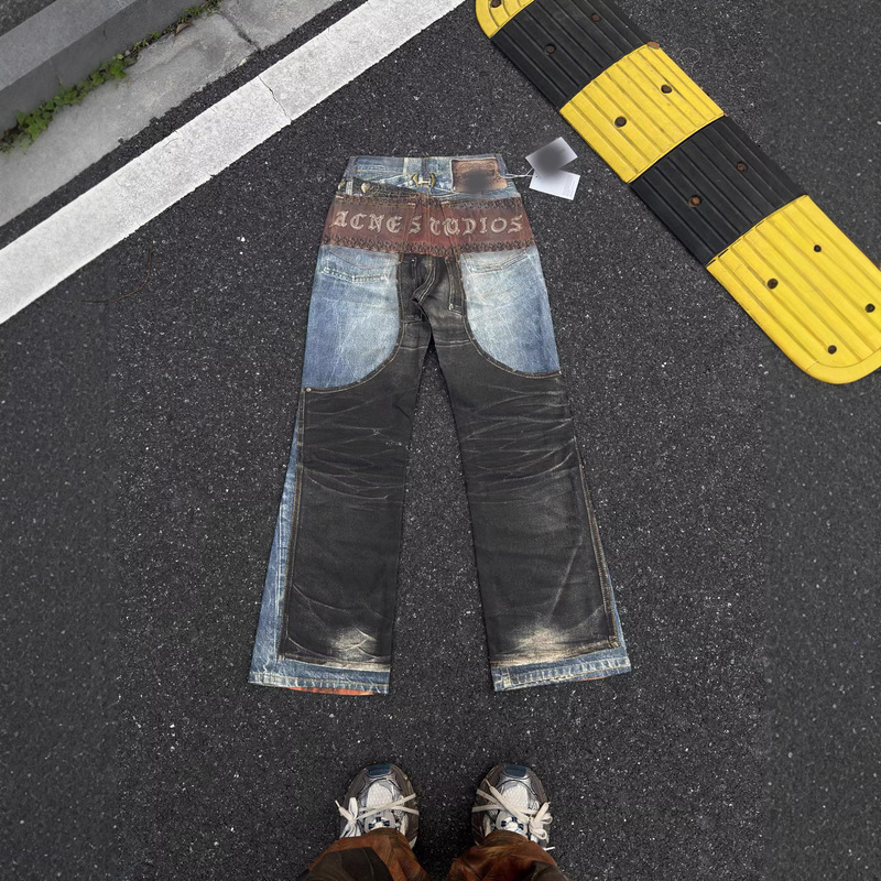 Acdirty Heavy Industry Western 3D Print Illusion Button Print Loose Jeans Unisex American Style