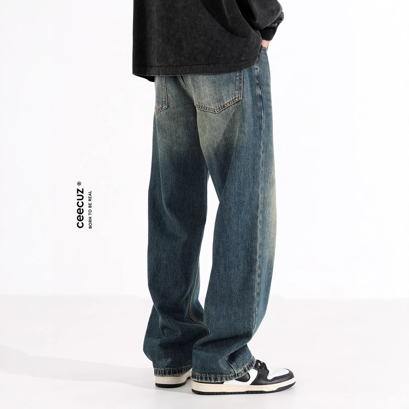 Ceecuz Retro Washed Distressed Straight-Leg Jeans for Men, American-Style Cleanfit Loose Wide-Leg Casual Pants Ceecuz Retro Washed Distressed Straight-Leg Jeans for Men, American-Style Cleanfit Loose Wide-Leg Casual Pants