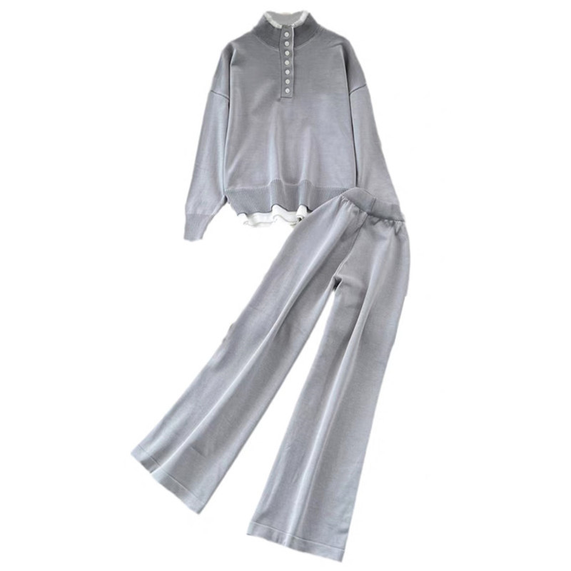 Damenbekleidung Damen Herbst und Winter Zweiteiliger langärmeliger Stehkragen locker gestrickter Pullover weite Beinhose gestrickter zweiteiliger Anzug_voghion.com
