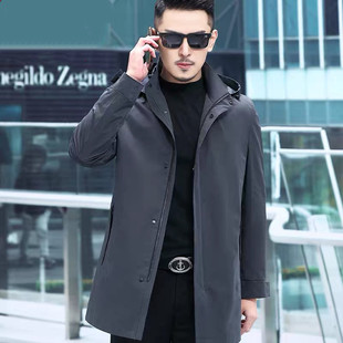 2022 Windbreaker Men's Mid-length Spring Thin Business Gentleman Men's Casual Solid Color Hood with Removable Cap Spring and Autumn