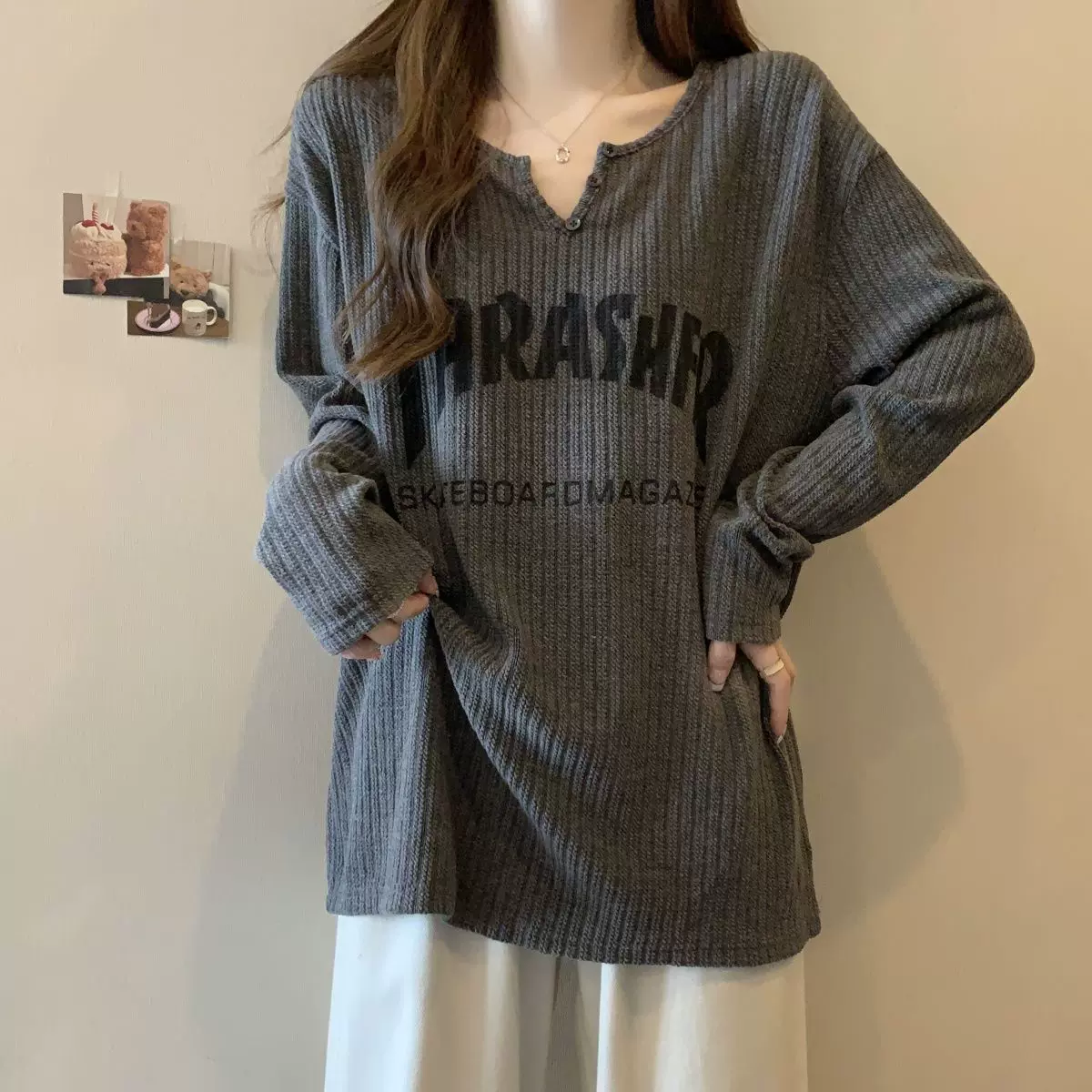 坑条螺纹长袖T恤打底衫女春秋冬季新款宽松显瘦大码中长款上衣女