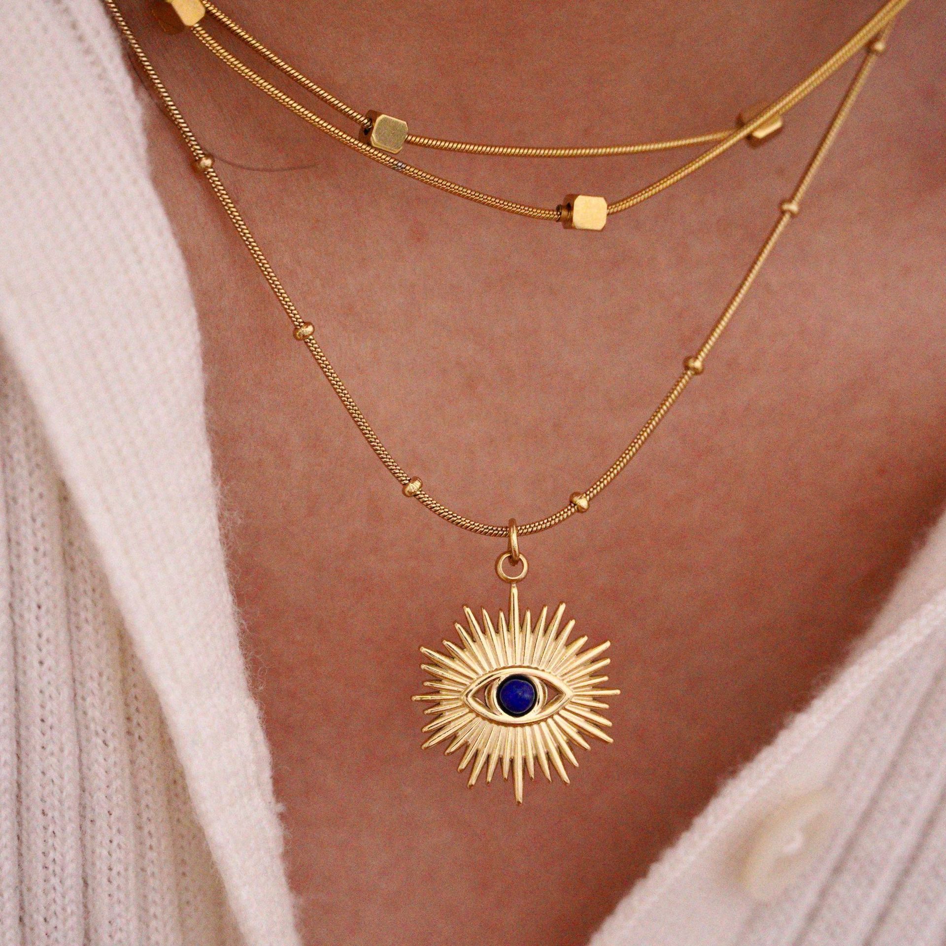 Natural Stone Inlay Material Pendant Necklace Classification Titanium Steel 14K Gold Plated Elegant Classical Lady Plating Inlay Geometric Devil's Eye Natural Stone Pendant Necklace