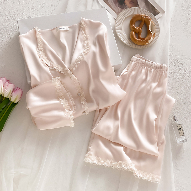 Pajamas for Women Silk Sweet Small Lapel Long-Sleeved Pants Suit Spring and Summer Loose Mulberry Silk Spring & Fall Home Clothes