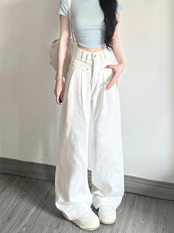 阔腿褶皱白色高腰牛仔裤女夏季2025新款宽松休闲百搭显瘦直筒长裤|undefined
