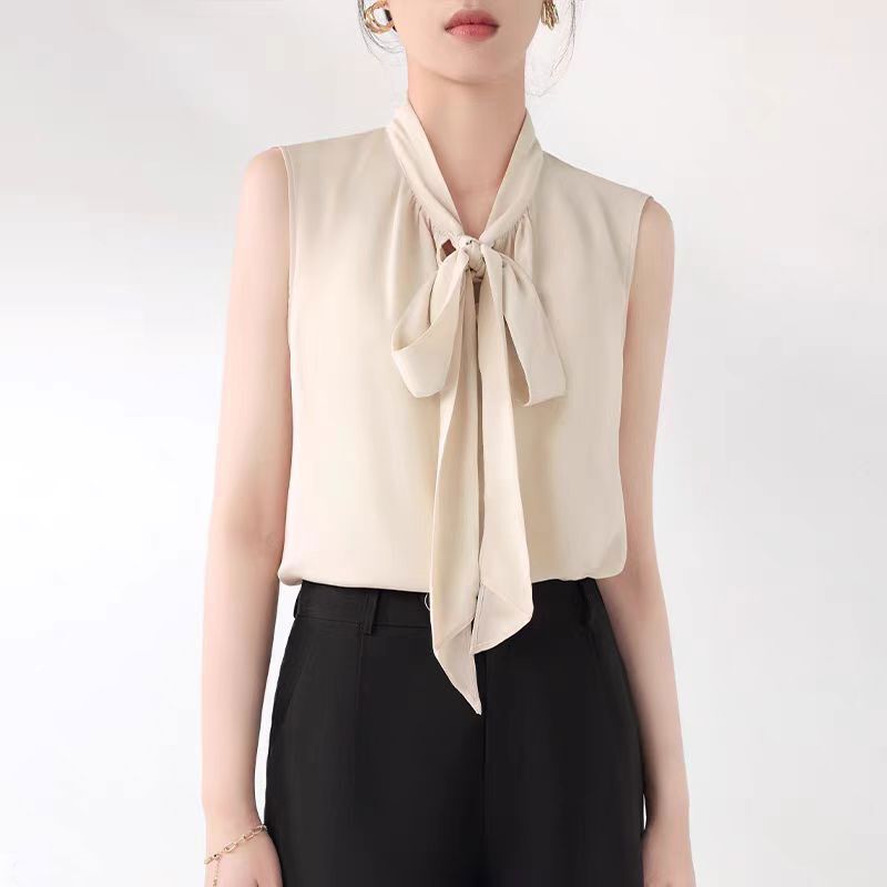 2026 New Style Chiffon Shirt for Women, Chic and High-End Sleeveless Top with Ribbons, Summer Apricot Color Stylish Commuter Blouse