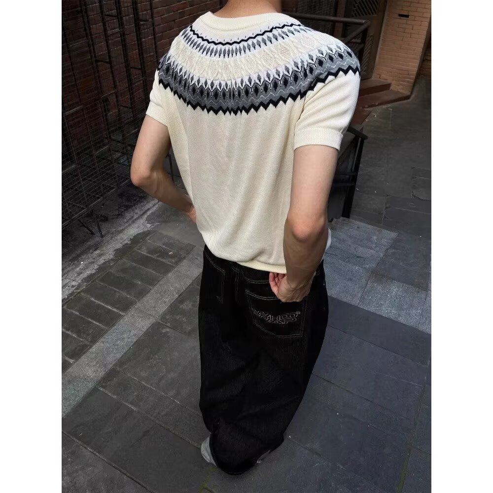 Isla de Fair camiseta de punto de manga corta camiseta de cuello redondo jacquard hombre viejo estilo casual hielo de verano fábrica transfronteriza mayorista
