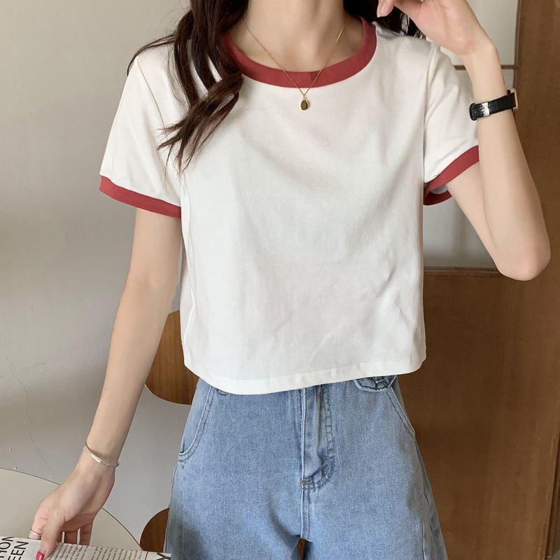 Contrast Color Round Neck Short Sleeve T-Shirt Women's 2024 New Summer Base Shirt Korean Slim-fit Short Student Top Trendy
