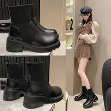 欧洲站2025秋冬厚底增高弹力靴女百搭休闲瘦瘦靴复古粗跟短靴子潮