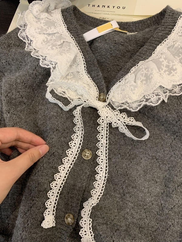 娃娃领毛衣女秋慵懒可爱甜美蕾丝V领针织开衫外套日系温柔上衣|undefined