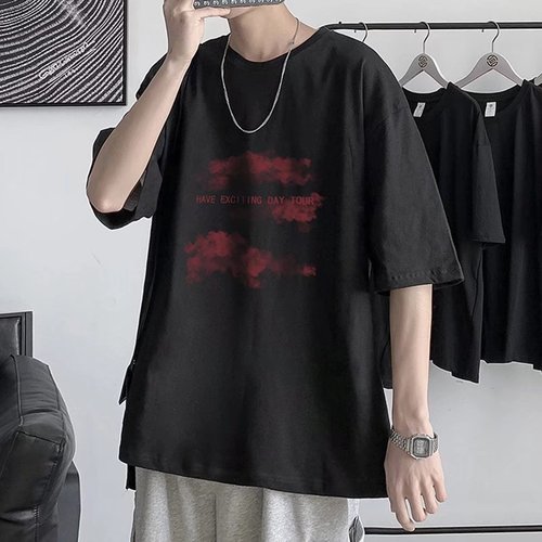 Men's Hong Kong Style Summer Loose Cool Sensation Thin Short Sleeve T-Shirt, 5.5-Button Sleeve Trendy Fashion Oversized Streetwear Clothing