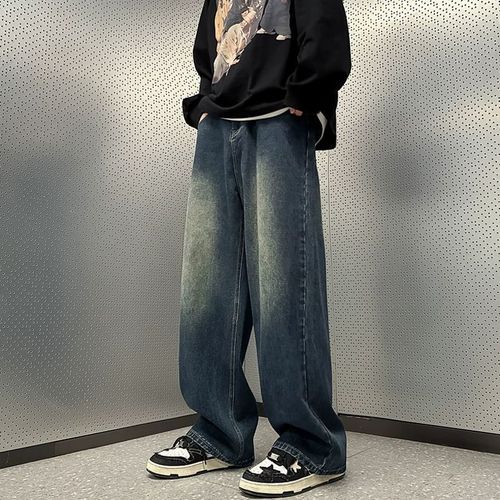 Vintage Blue Men's Loose Distressed Oversize Pants American Casual Flowy Wide Leg Floor-Length Pants Trendy