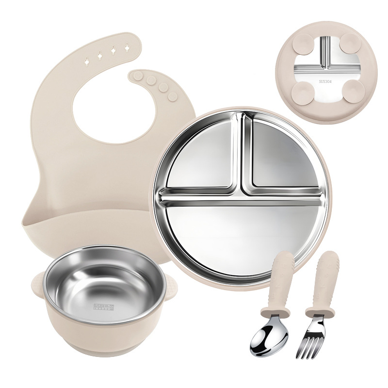 Bandeja de comedor de acero inoxidable 304 para niños Juego de cinco piezas Ventosa inferior Tipo de rejilla dividida Vajilla para niños Placa de rejilla cuantitativa para estudiantes
