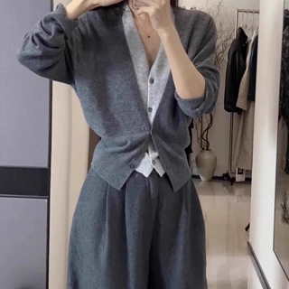 秋冬新款假两件100%纯羊毛开衫女休闲时尚V领拼色针织外套上衣