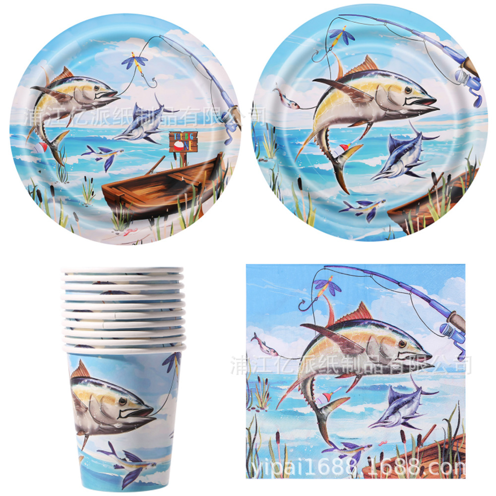 Tema de pesca gran tiburón azul fiesta set de cubiertos pesca salvaje fiesta de pesca mar toallas de mesa bandeja de papel toallas