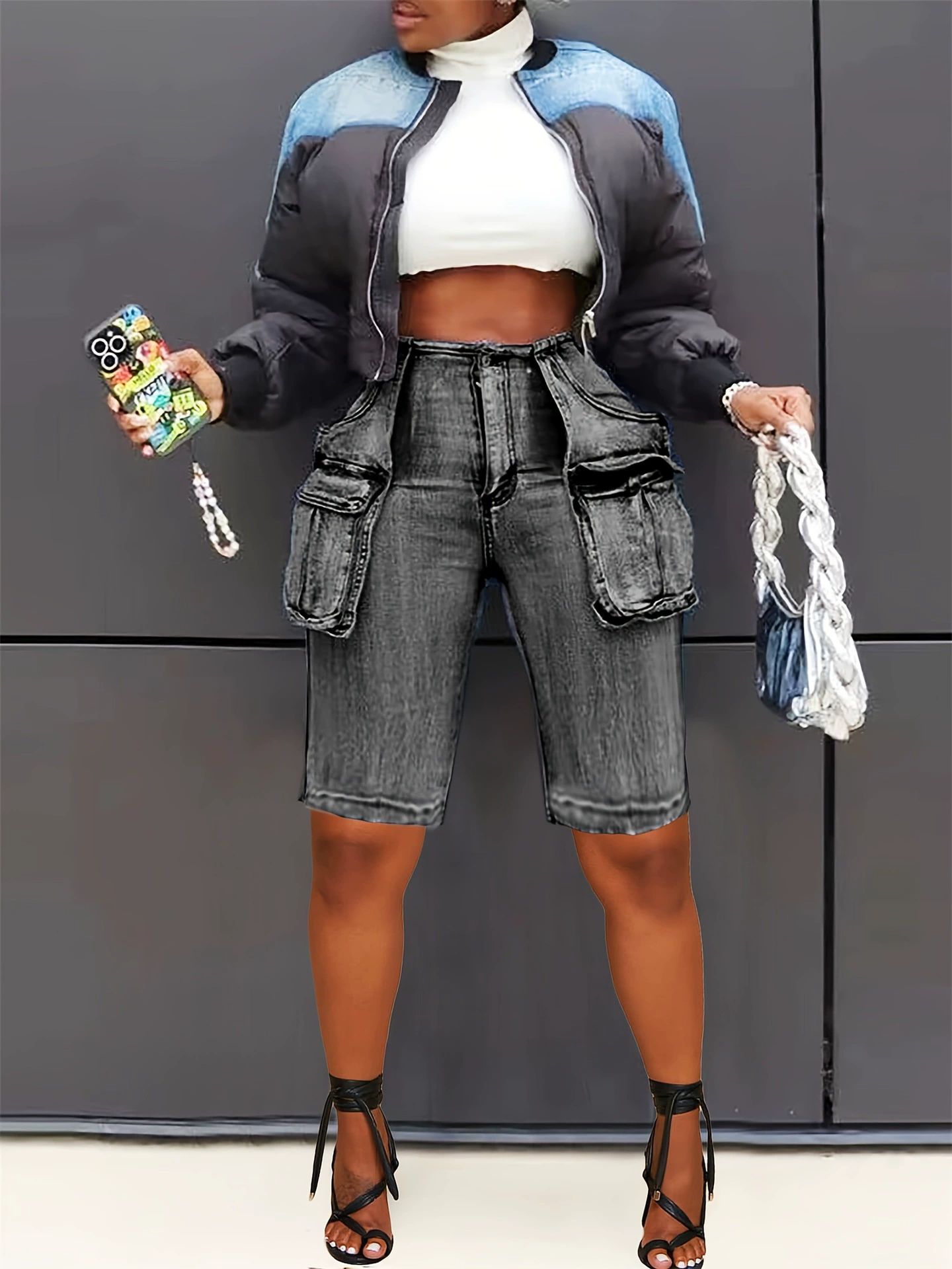 [Y2K Женские джинсовые шорты с высокой талией distressed Bermuda shorts ]