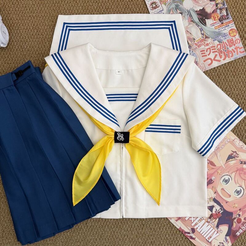 Japanese-Style Basic Sailor Uniform Jk Uniform with Navy Collar, Academy Style Outfit, White-Collar Blue Three-Striped Basic Jk Short Skirt Set Japanese-Style Basic Sailor Uniform Jk Uniform with Navy Collar, Academy Style Outfit, White-Collar Blue Three-Striped Basic Jk Short Skirt Set