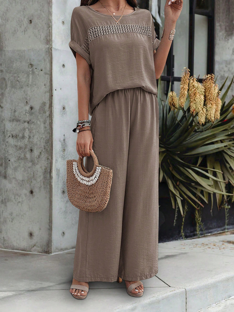 455g Weight Half Sleeve, Half Sleeve Sleeve Length Spandex, Polyester Fabric Type Low Waist Waist Line Short Top Length Pant Co-ord Set, Pant Co-ord Set Sets Type 2 Pieces Set Quantity Casual, Daily Occasion Round Neck, Round Neck Neckline Loose, Loose Fit Type Stripe, Solid Color Pattern Summer, Spring, Autumn Season Women's Gender Hollow Out Design Streetwear, Streetwear Style Apricot Color KaiKuO Women's Fashion Independent Station 2024 Spring Summer Export Casual Fashion Solid Color Short Sleeve Long Pants Hollow Out Set 38