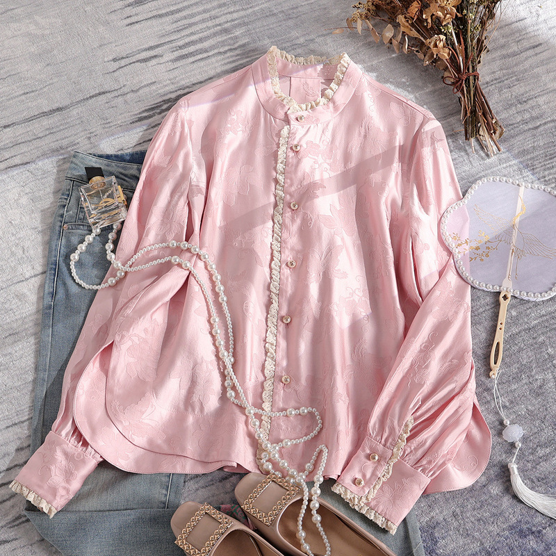 Spring New Style Chinese-Style Rayon Satin Jacquard Lace Trim Versatile Youthful Loose Shirt for Women