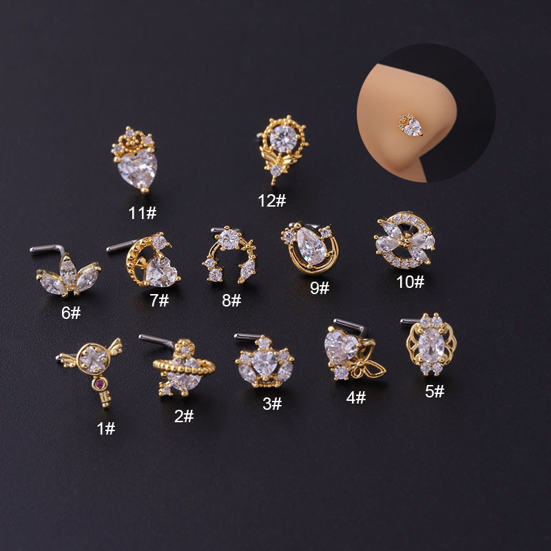 Titanium Steel Screw Rod Heart Shape Crown Zircon Nose Stud Fashion Puncture Nose Studs