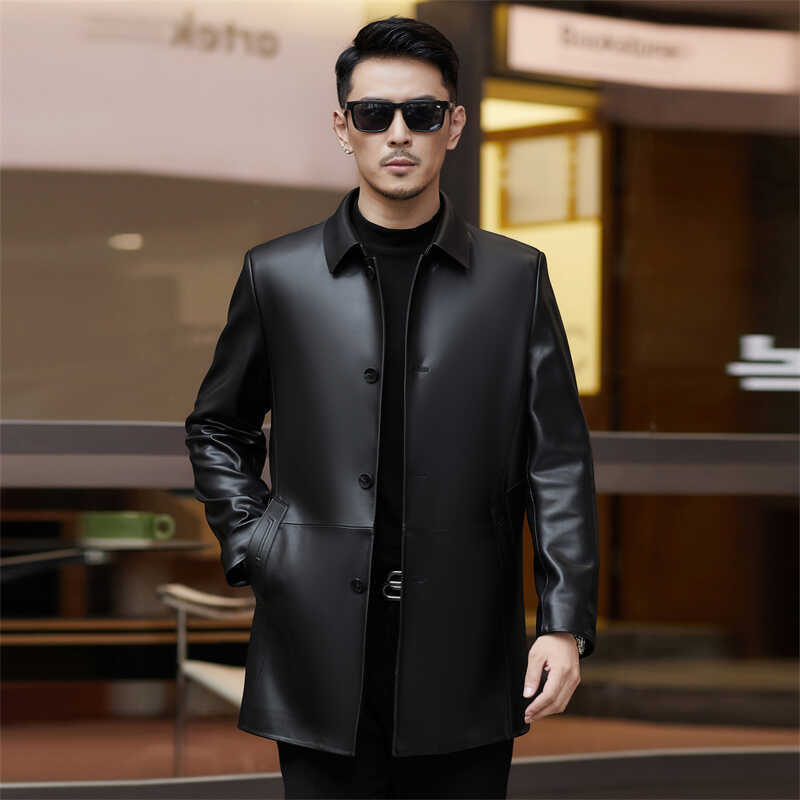 2026 Haining Leather Jacket Men's Mid-Length Business Lapel Cotton Sheepskin Trench Coat Spring and Autumn Thin Leather Coat Large Size Coat 2026 Haining Leather Jacket Men's Mid-Length Business Lapel Cotton Sheepskin Trench Coat Spring and Autumn Thin Leather Coat Large Size Coat