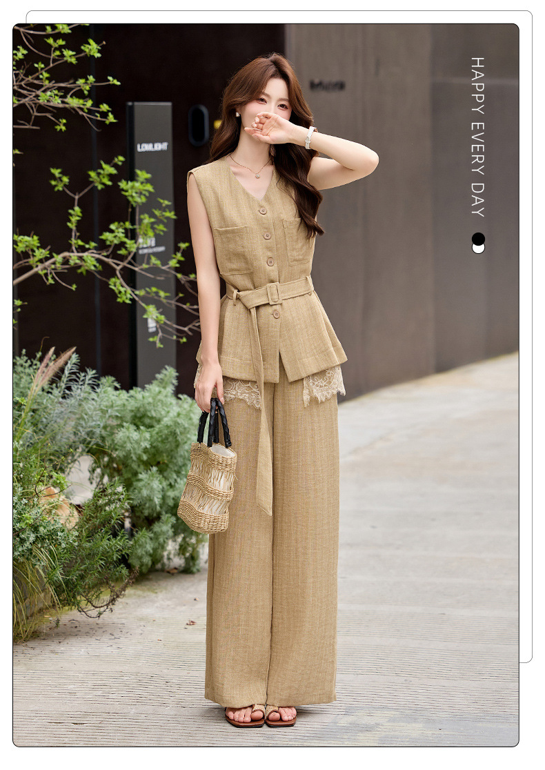 Bộ vest quần ống rộng nữ phối ren dây rút eo 2 món YH6133 — Màu ảnh chi tiết 3