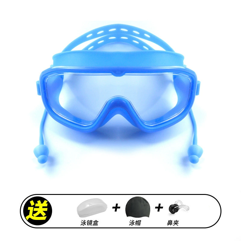 새로운 대형 프레임 파란색 수영 고글 + 투명 상자