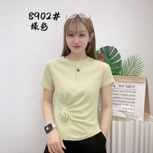 夏季新款女短袖针织上衣圆领压褶立体盘花时尚百搭打底衫针织衫