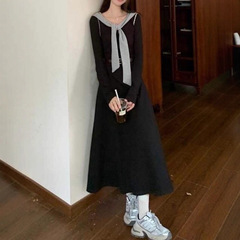 法式休闲风气质披肩连帽连衣裙女2025秋冬季新款收腰显瘦中长裙子