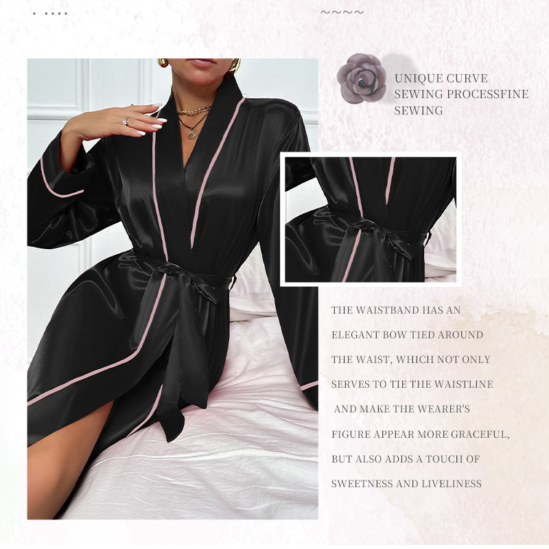 Seidennachthemd für Damen, V-Ausschnitt, lange Ärmel, sexy, tailliert, Cardigan-Robe, hochwertige Nachtwäsche für Frühling und Herbst_voghion.com