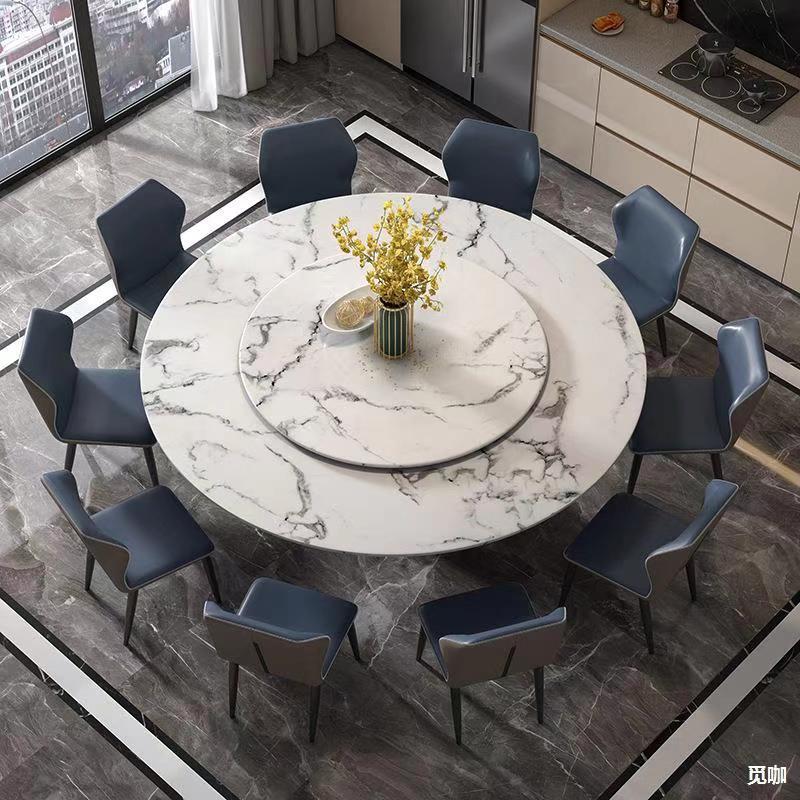 Italian-Style Hotel Marble Slate Dining Table for Home Use, High-End Dining Room Round Table with Turntable and Chair Set