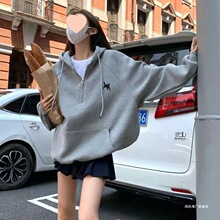 加绒加厚灰色半拉链刺绣连帽卫衣女运动休闲宽松廓形帽衫
