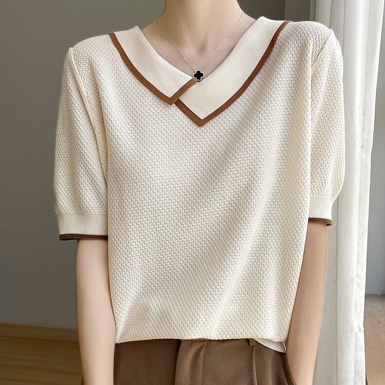 European-Style Diagonal Collar Ice Silk Knit Short-Sleeve Women's T-Shirt, 2026 Summer New Design, Unique and Slimming Top
