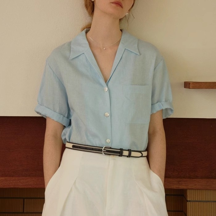 French Chic Cuban Collar Full Linen Curl Sleeve Deep V Short Sleeve Shirt Spring Summer Two-color Short Sleeve Shirt