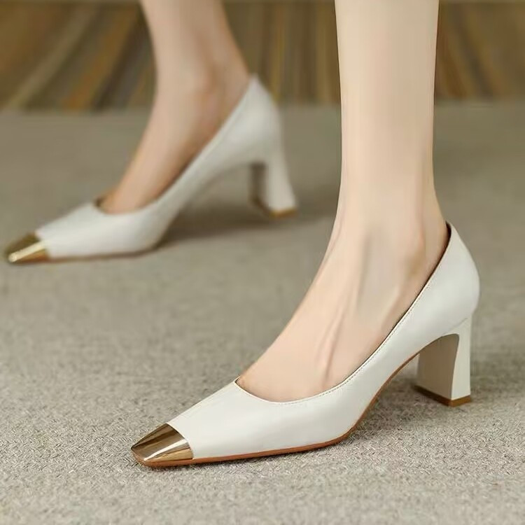 French High Heels Women's Stiletto Heel Design Sense Metal Head Square Head Professional Temperament Socialite Shallow Mouth Goddess Thick Heel Single Shoes