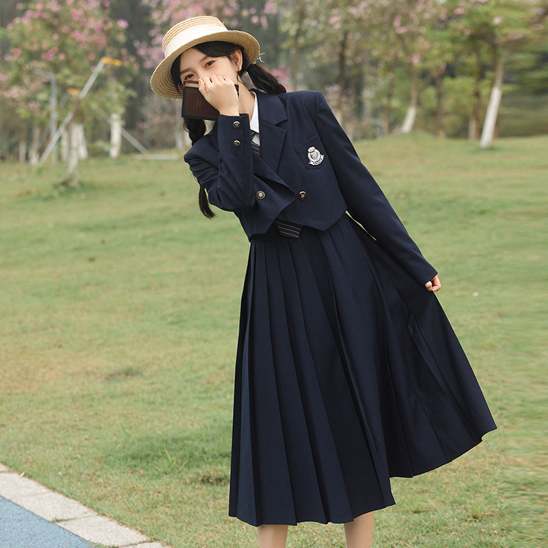 Japanese-Style College Navy Blue Suit for Female Students, Blazer, White Shirt, Camisole, Pleated Skirt Three-Piece Set